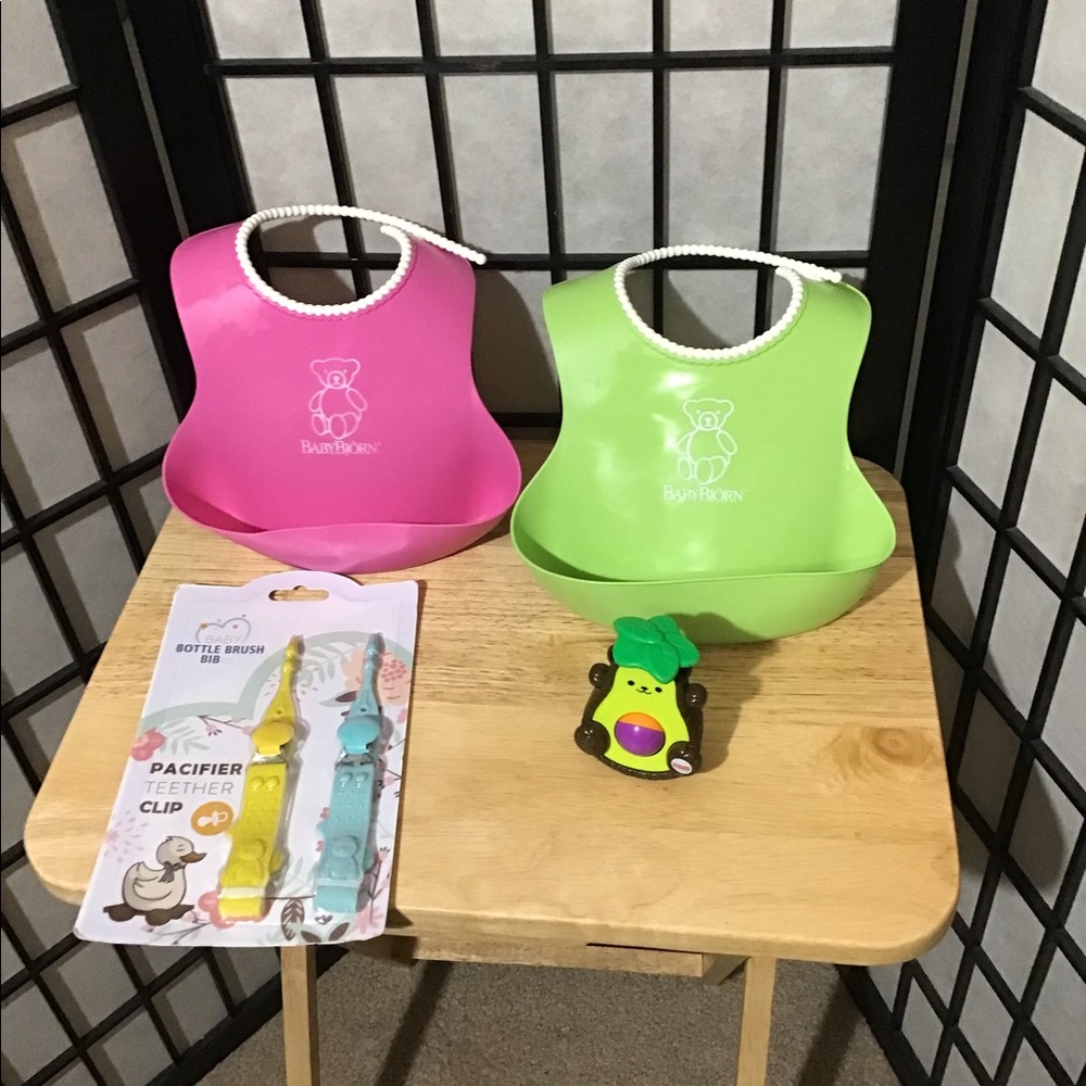 A Bundle 2 BabyBorn Bibs 1 Pkg Pacifier Clips Teethers 1 Avocado Bat-at-Bear.